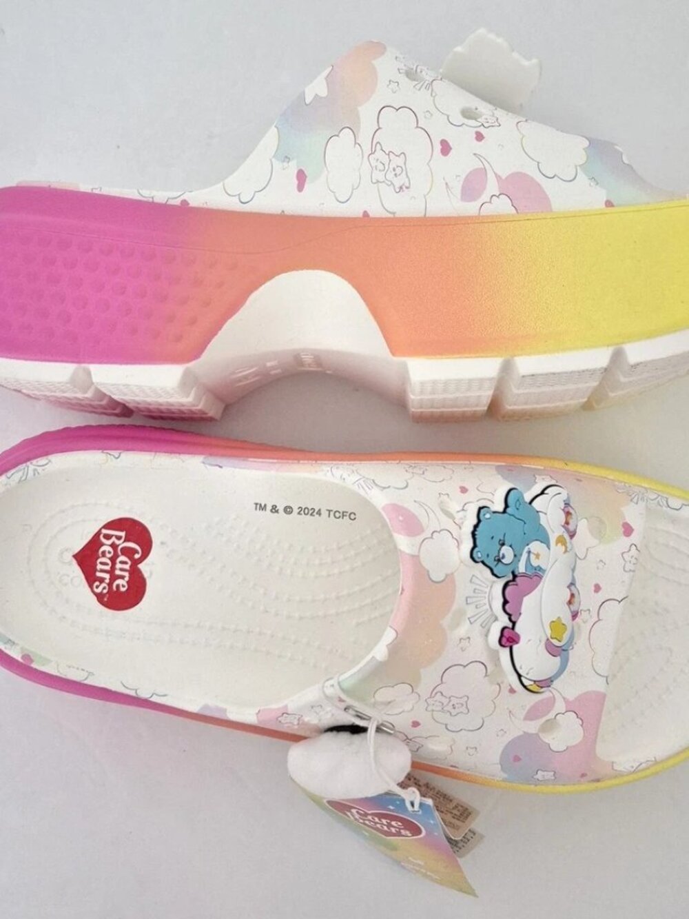 Crocs Care Bears Stomp Slides Sandals White Chunky Platform Size 9 (7M/9W) NWT